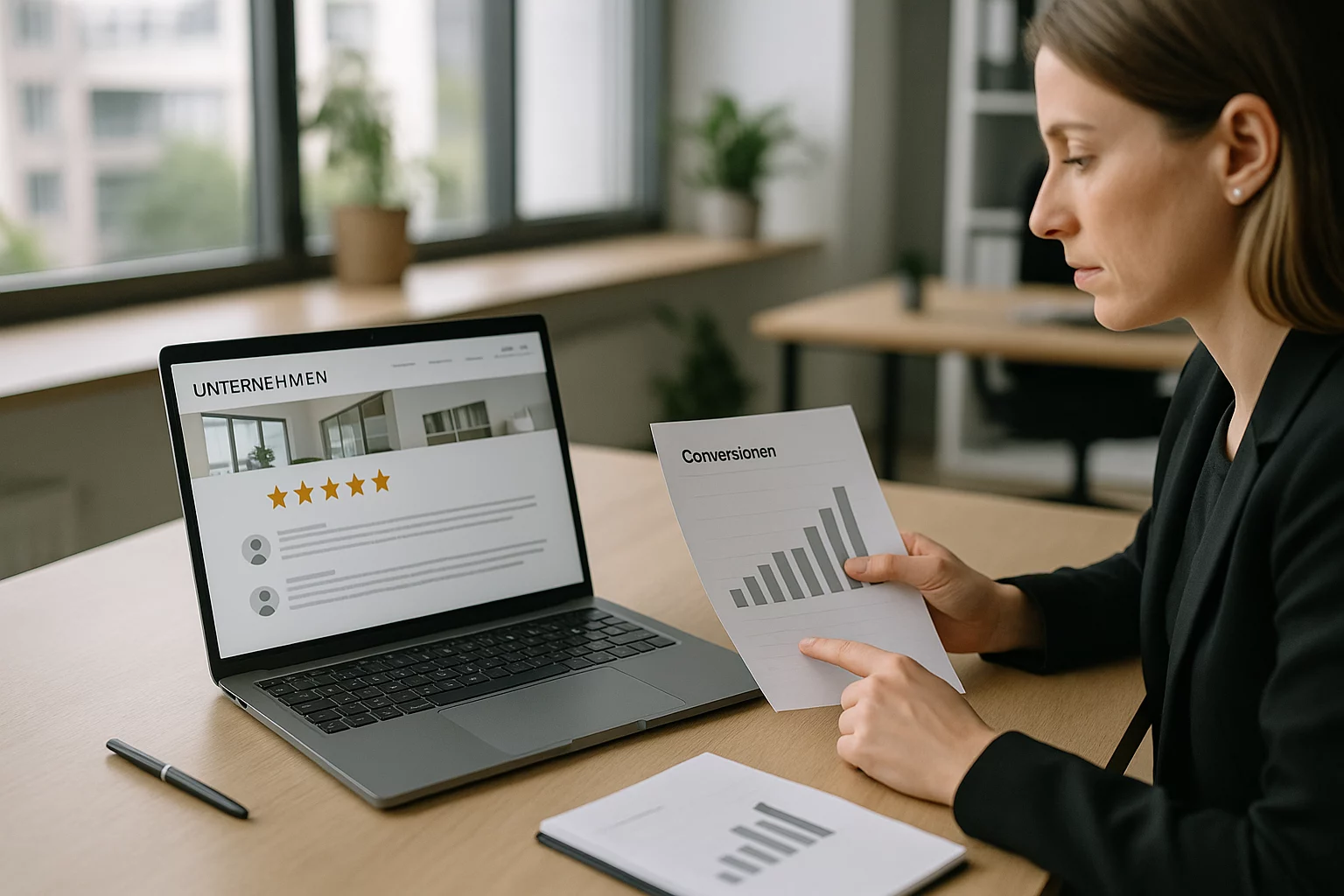 Laptop mit Unternehmensseite, auf der google bewertungen auf website anzeigen sichtbar ist