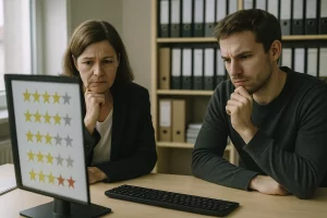 Unternehmerteam betrachtet kritisch Bildschirm mit google-bewertungen kaufen Problematik