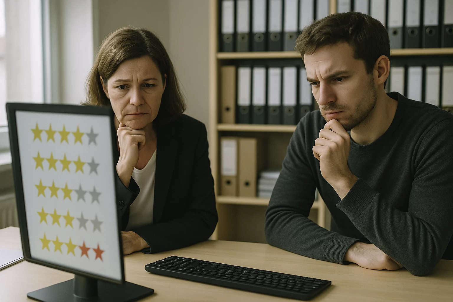 Unternehmerteam betrachtet kritisch Bildschirm mit google-bewertungen kaufen Problematik