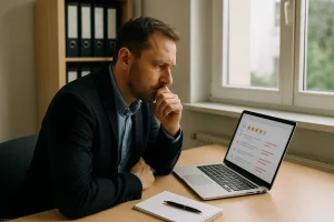 google bewertungen löschen lassen: Unternehmer prüft kritische Google Bewertungen am Laptop im Büro