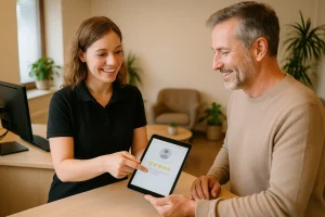 Mitarbeiterin bittet Kunden am Empfang um mehr Google Bewertungen bekommen auf einem Tablet