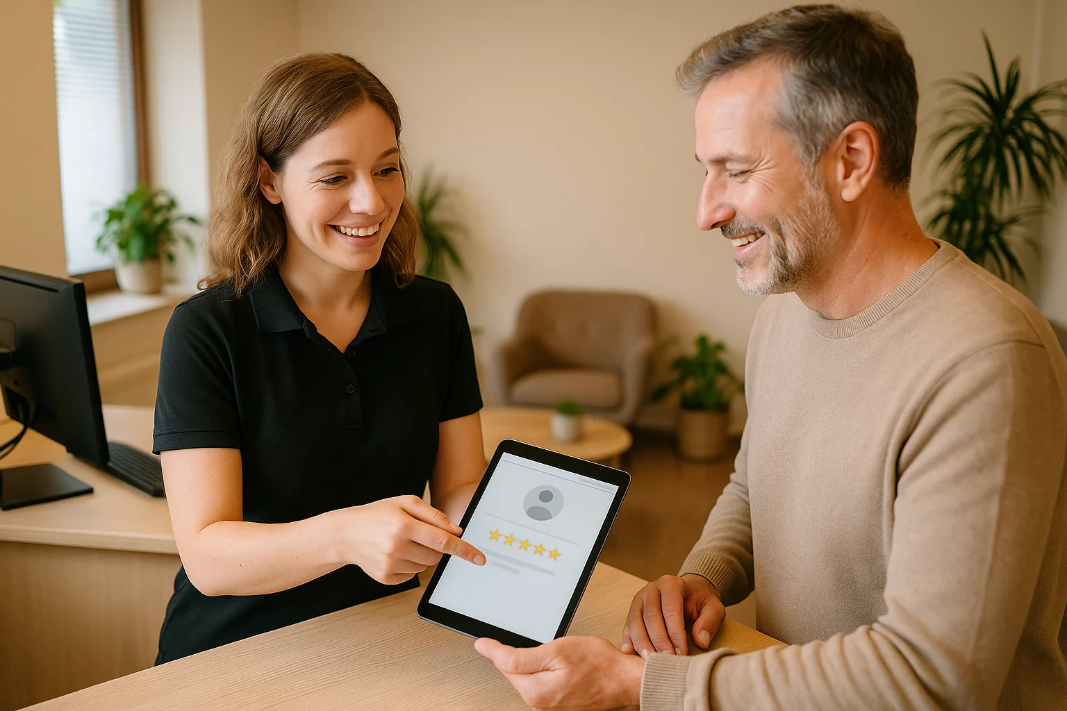 Mitarbeiterin bittet Kunden am Empfang um mehr Google Bewertungen bekommen auf einem Tablet