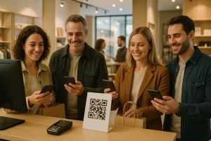 mehr google bewertungen local seo: Kundin scannt nach dem Einkauf im Laden einen QR-Code am Tresen, um eine Bewertung a…