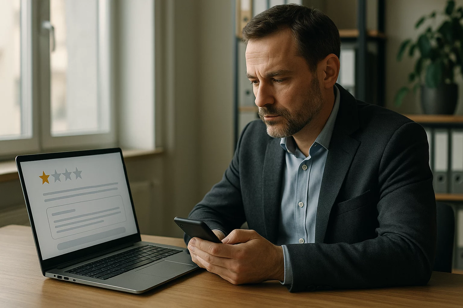 negative google-bewertungen beantworten: Unternehmer beantwortet eine negative Google Bewertung am Laptop im Büro