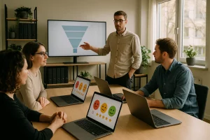 bewertungsprozesse automatisieren: Agenturteam plant automatisierte Bewertungsprozesse an Laptops mit Funnel-Dashboard