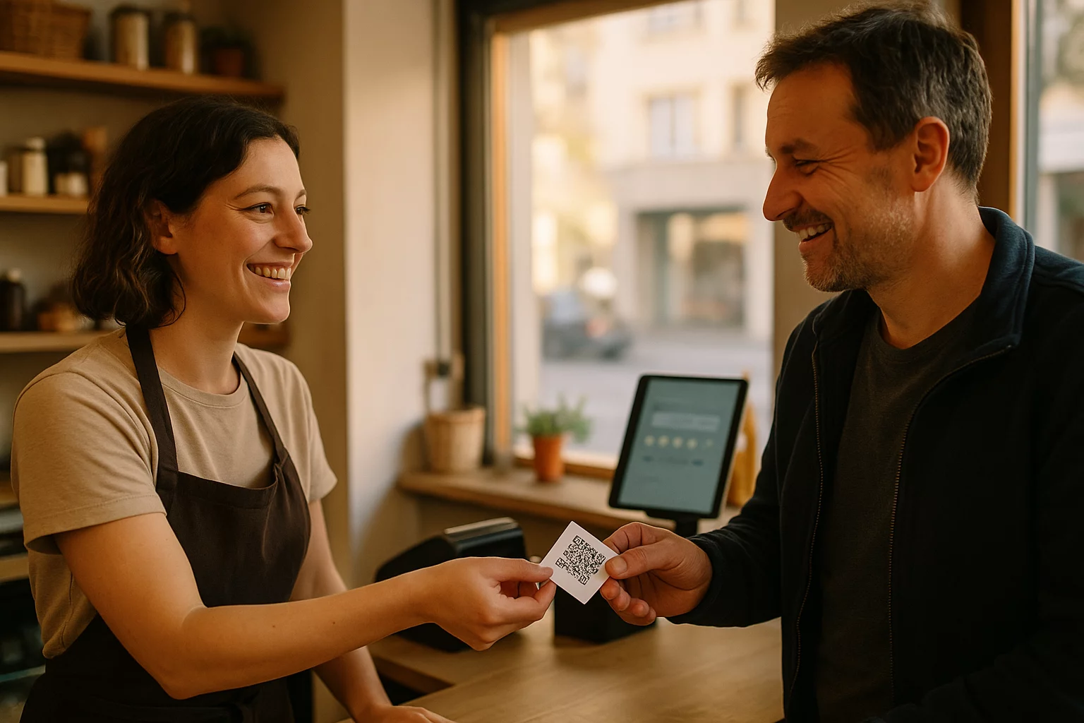 eigene Rezensionen bei Google rechtssicher fördern: Mitarbeiterin überreicht Kunden im Laden eine Karte mit QR-Code als…