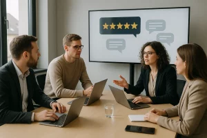 Google Bewertungen kaufen legal: Marketingagentur-Team bespricht Strategien für echte Google-Bewertungen am Bildschirm