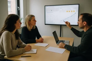 google bewertungen kaufen oder verdienen: Team analysiert Google Bewertungen eines Unternehmens auf einem Bildschirm