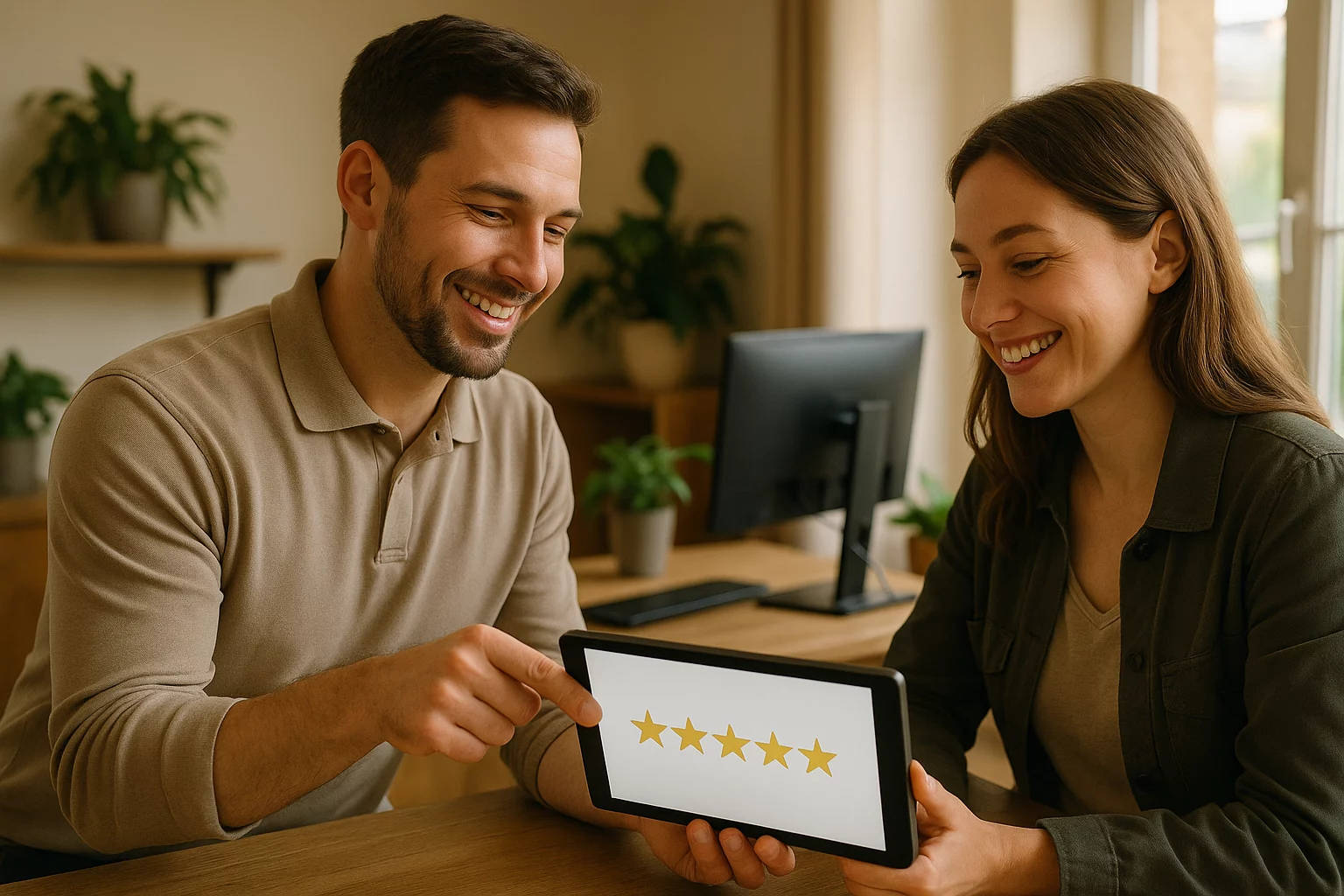 mehr positive google bewertungen erhalten: Mitarbeiter bittet Kundin im Laden um eine Google-Bewertung auf einem Tablet