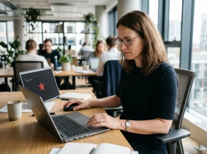 negative google bewertung auswirkungen: Unternehmerin blickt besorgt auf eine 1-Stern-Google-Bewertung auf ihrem Laptop