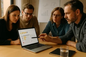 negative Google Bewertung was tun: Agenturteam analysiert eine negative Google Bewertung auf einem Laptop