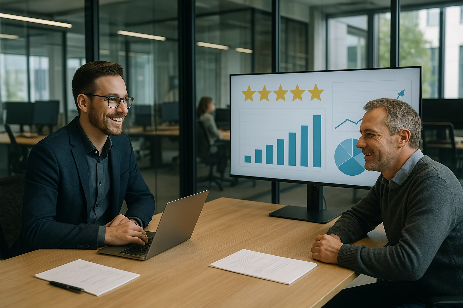 White-Label-Bewertungsmanagement für Agenturen: Agenturinhaber präsentiert White-Label-Reputationsdashboard mit steigen…