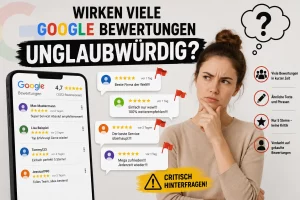 wirken viele Google Bewertungen unglaubwürdig: Unternehmer und Beraterin analysieren viele Google Bewertungen auf einem…