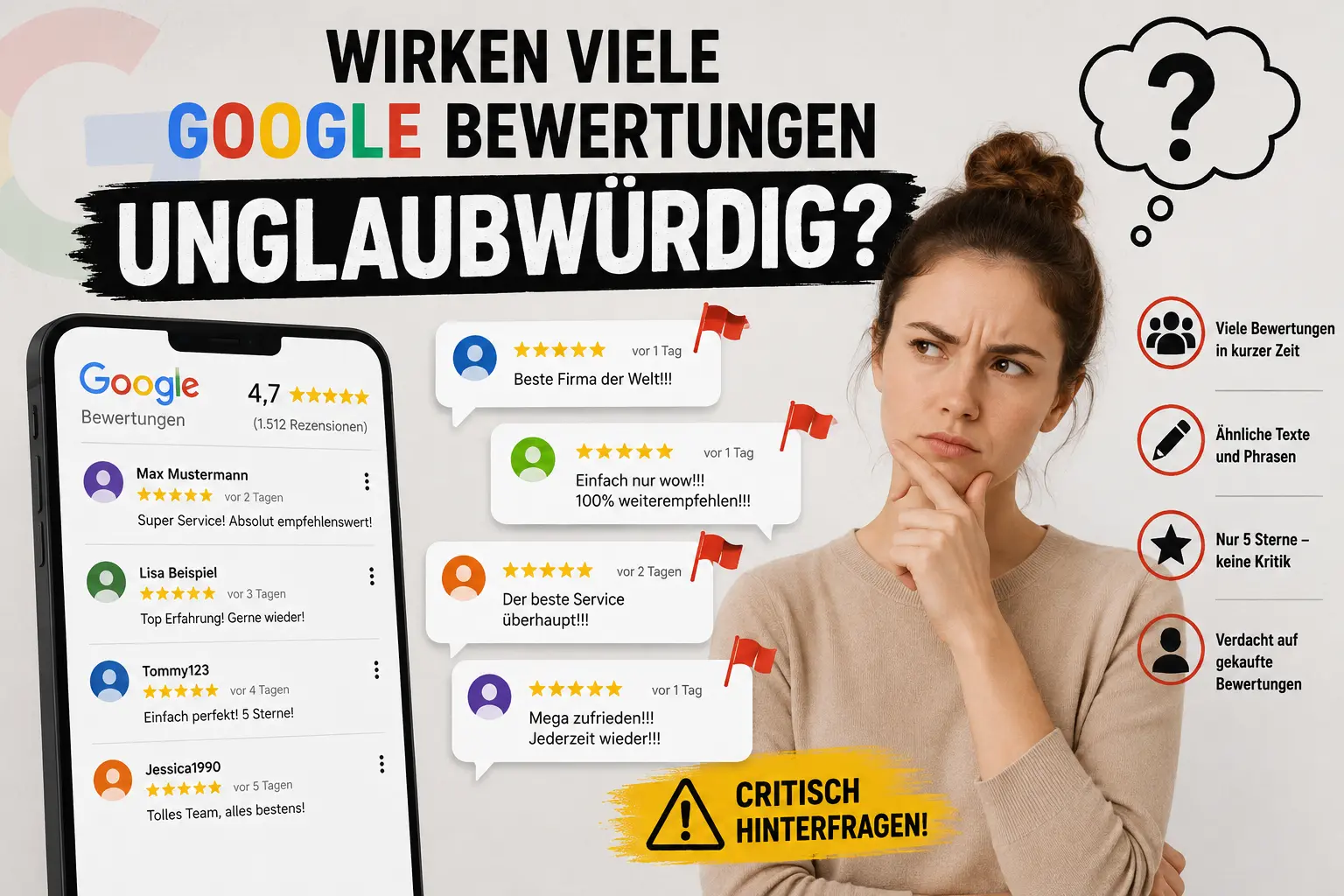 wirken viele Google Bewertungen unglaubwürdig: Unternehmer und Beraterin analysieren viele Google Bewertungen auf einem…